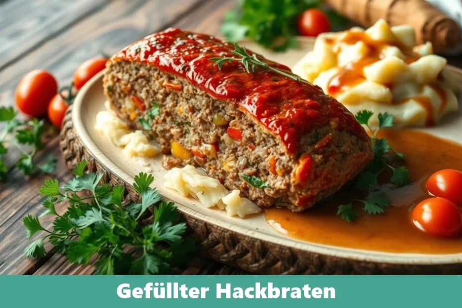 Ein gefüllter Hackbraten, in Scheiben geschnitten, präsentiert auf einem Teller mit Beilage aus Gemüse und Kartoffelpüree.