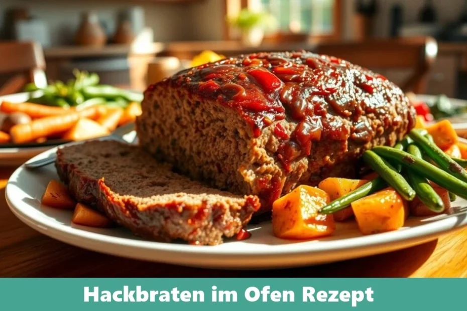 Ein Hackbraten im Ofen, mit goldbrauner Kruste, umgeben von einer köstlichen Sauce, während er perfekt gebacken wird.
