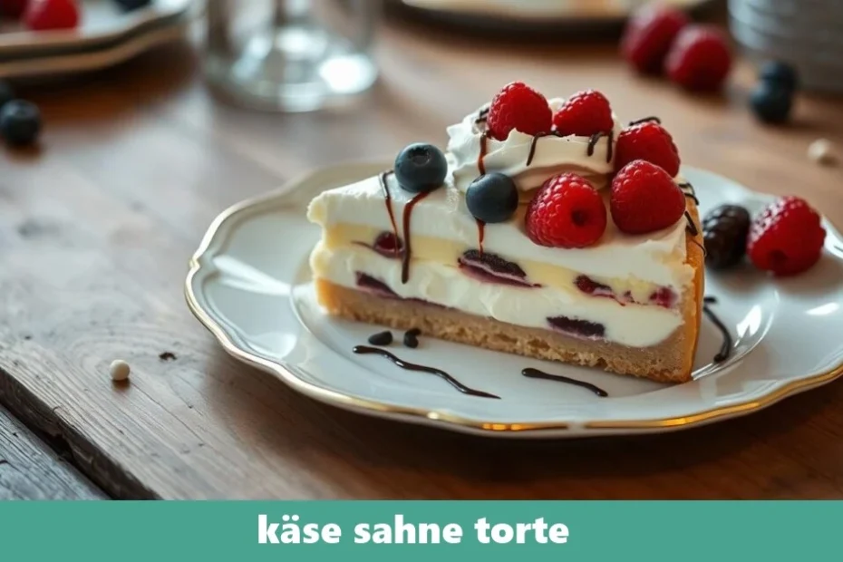Eine Käse-Sahne-Torte mit einer fluffigen Cremefüllung und einer Schicht Puderzucker auf einem runden Teller, dekoriert mit Minzblättern.