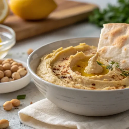 A bowl of smooth, homemade tahini-free hummus drizzled with olive oil and topped with paprika and herbs, served with pita and fresh vegetables