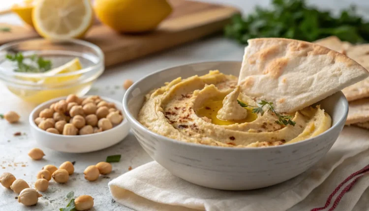 A bowl of smooth, homemade tahini-free hummus drizzled with olive oil and topped with paprika and herbs, served with pita and fresh vegetables