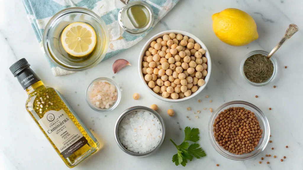 An overhead view of hummus ingredients: a bowl of chickpeas, garlic cloves, lemon wedges, sea salt, and olive oil on a kitchen counter