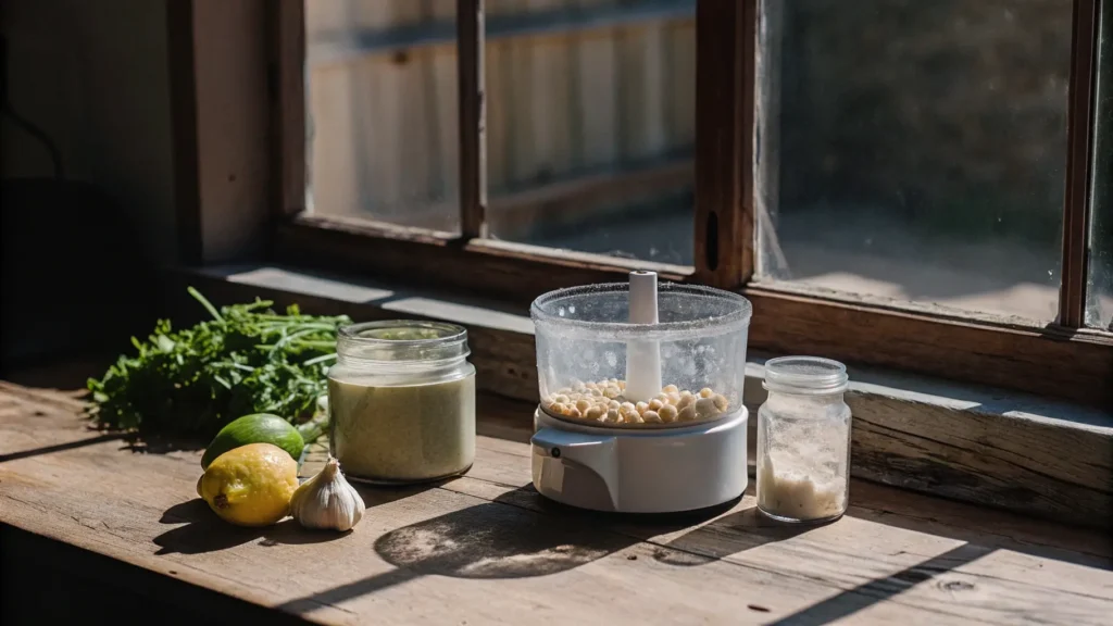 Simple ingredients for tahini-free hummus including chickpeas, garlic, lemon, olive oil, and cumin arranged on a kitchen counter.