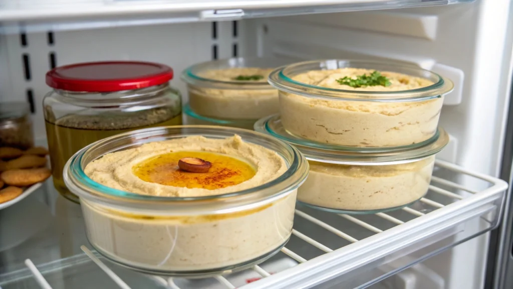 Homemade tahini-free hummus stored in a glass container inside a refrigerator, garnished with olive oil and herbs.