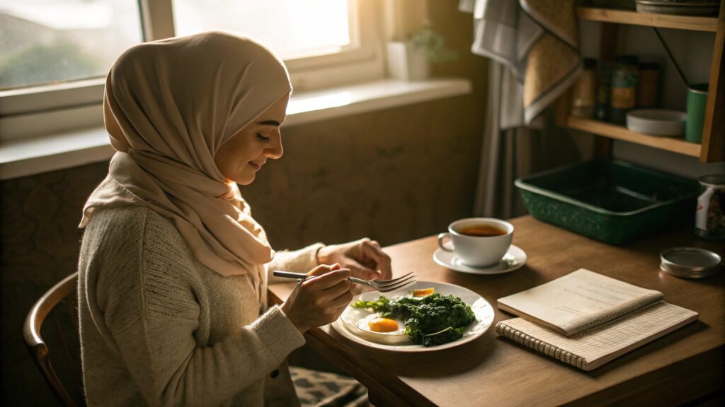 امرأة تتناول البيض بالسبانخ في صباح هادئ على طاولة مطبخ خشبية