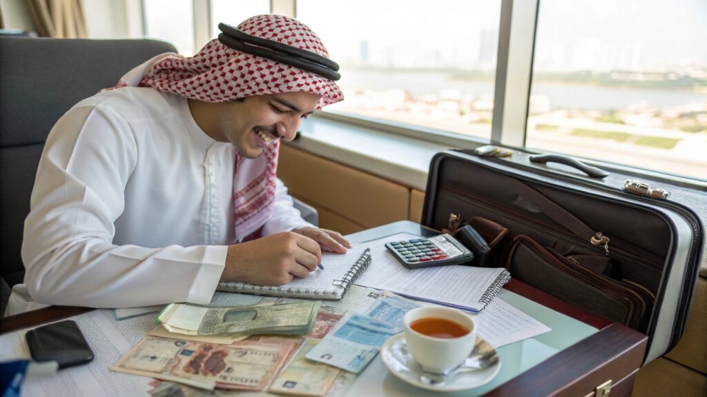 السفر إلى ماليزيا: مسافر يخطط ميزانيته باستخدام عملة الرينغيت الماليزي