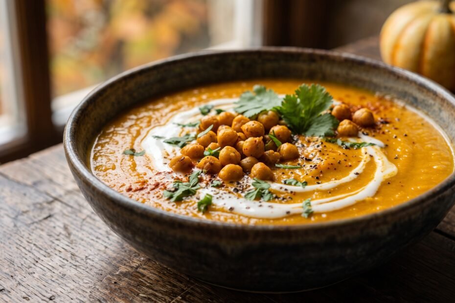 Cremige Kürbissuppe in einer Schüssel, garniert mit Kokosmilch, frischem Koriander und gerösteten Kichererbsen
