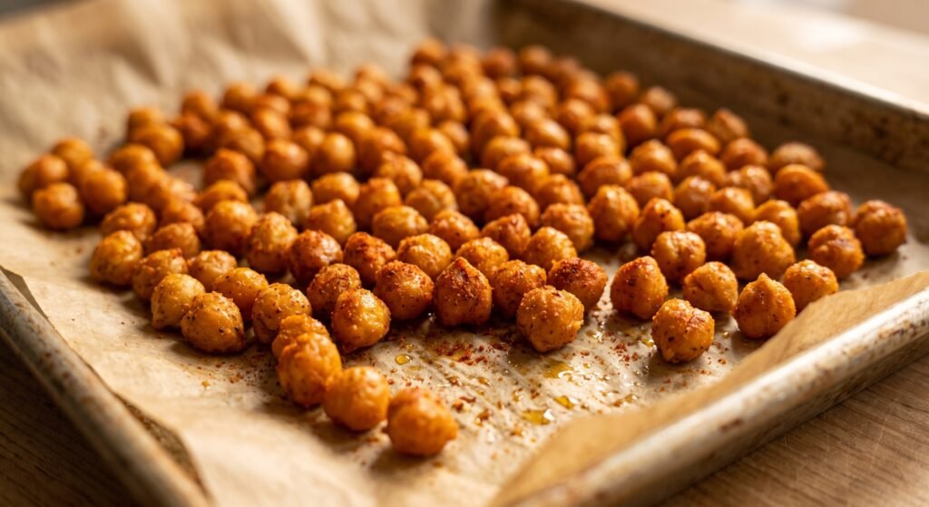 Knusprig geröstete Kichererbsen mit Gewürzen auf einem Backblech.