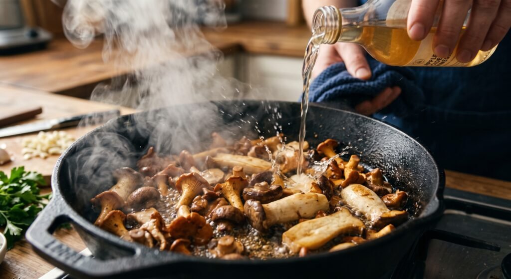 Frische Waldpilze braten in einer heißen Pfanne und werden mit Apfelessig abgelöscht.