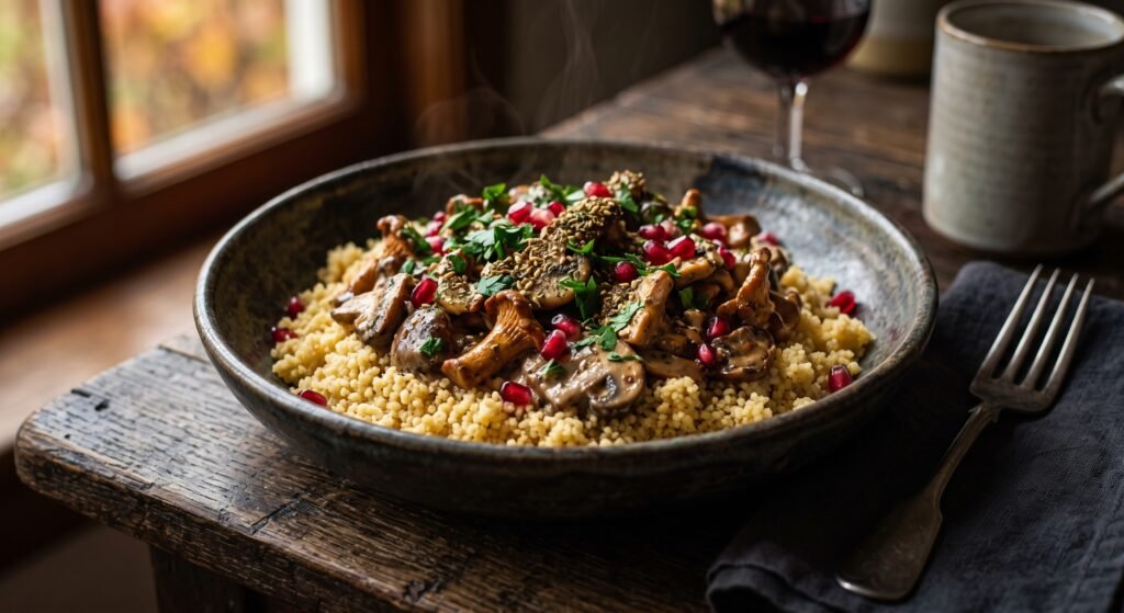 Cremige Pilzpfanne mit Waldpilzen angerichtet auf warmem Couscous.