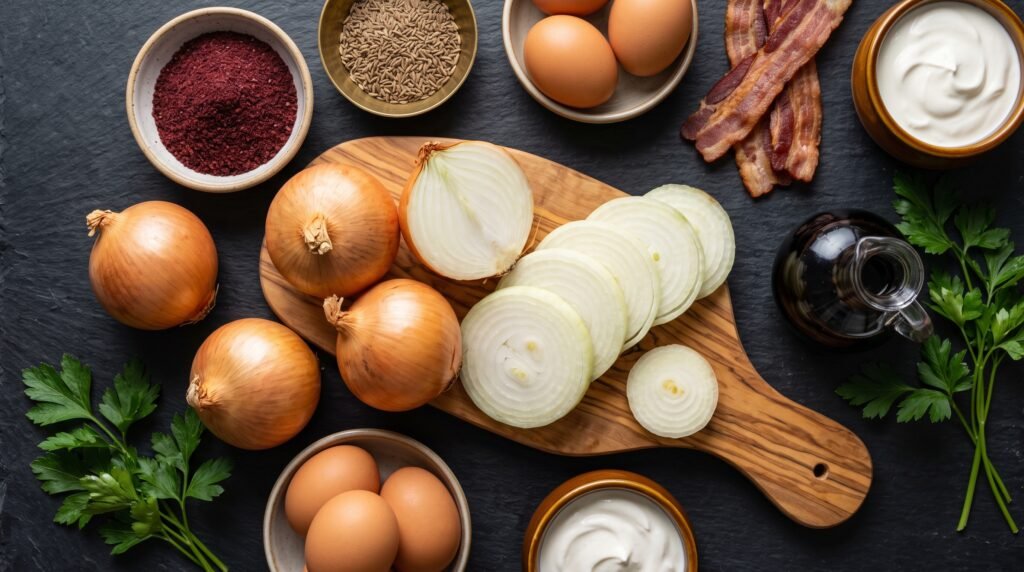 Frische Zutaten für Zwiebelkuchen mit Gemüsezwiebeln, Schmand, Halal-Rinderbacon und orientalischen Gewürzen