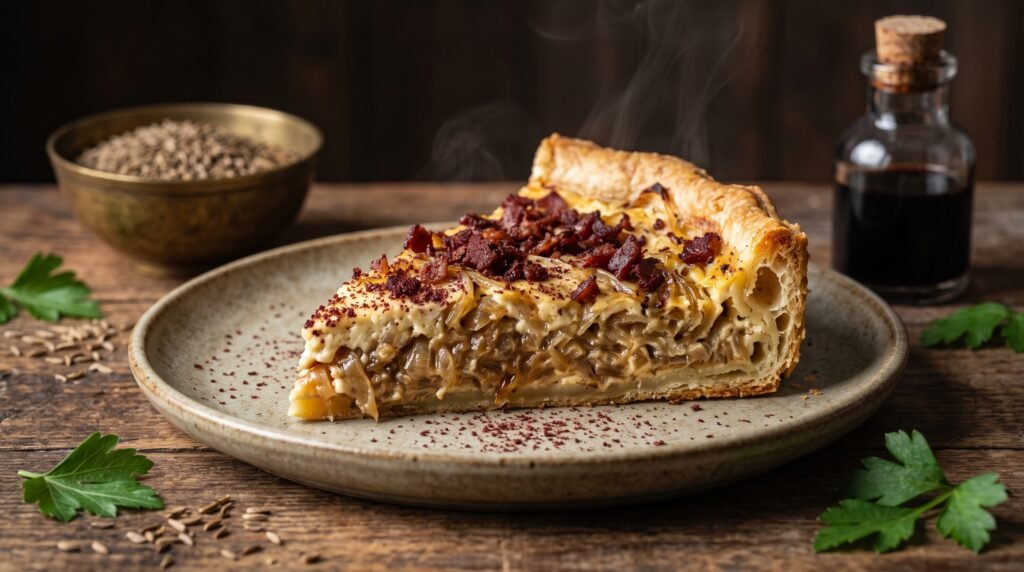 Saftiges Zwiebelkuchen Rezept mit Halal-Rinderbacon und Sumach