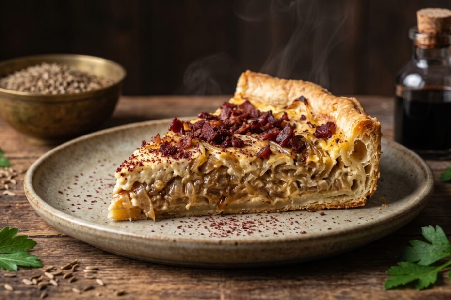 Saftiges Zwiebelkuchen Rezept mit Halal-Rinderbacon und Sumach